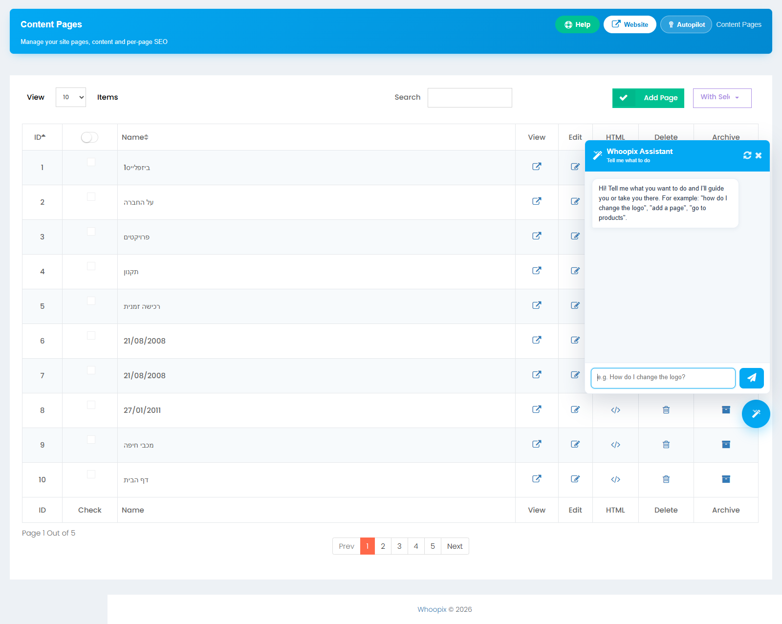 Whoopix CMS pages module