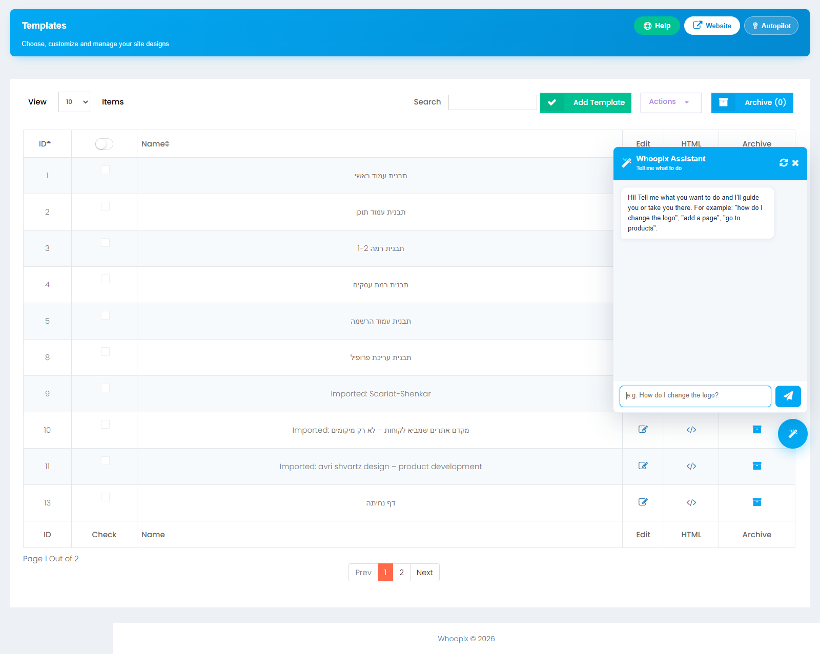 Whoopix CMS template manager
